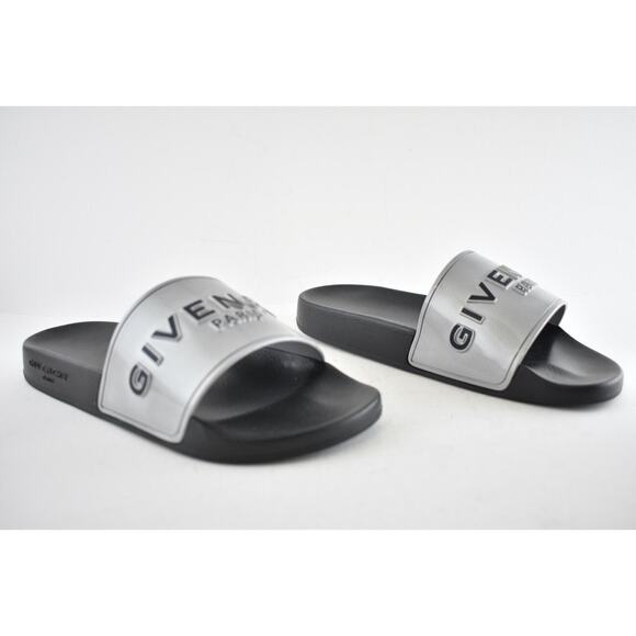 Givenchy Silver Rubber Black Logo Print Slide On Pool Sandal Flip Flop Flat 38 - Picture 2 of 12